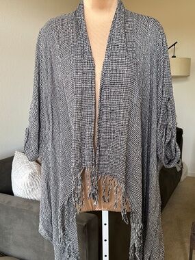 Plaid Waterfall Fringe Front Jacket with Role Tab Sleeves